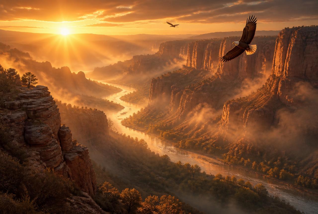 Cañón y río al amanecer en las tierras de EsDorado